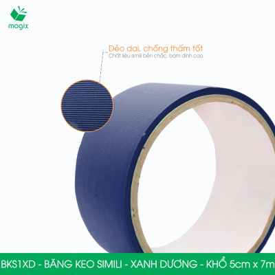 BKS1XD - 3 cuộn băng keo Simili khổ 5cm x 7m - Xanh dương - Băng dính dán gáy sách, đóng cuốn