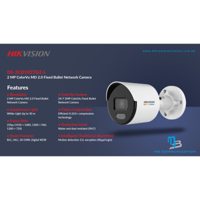 Camera IP Hikvision Trụ DS-2CD1027G0-L, có màu 24/7, tiêu chuẩn ngoài trời IP67 - Hàng Chính Hãng 
