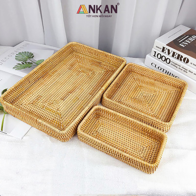 Khay Trang Trí Mây Tre Đan ANKAN – Rổ Vintage Handmade Đựng Trái Cây, Bánh Kẹo, Mỹ Phẩm, Trà Bánh