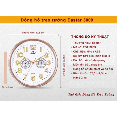 Đồng Hồ Treo Tường Cao Cấp EASTAR KIM TRÔI Tròn Có DẠ QUANG - ĐH Đo NHIỆT ĐỘ Và ĐỘ ẨM - Số Nổi 3D - Tặng Pin Maxell - BH 1 Năm
