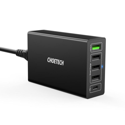 Adapter cóc củ sạc nhanh 60W 4 cổng USB & 1 cổng PD Type-C hiệu CHOETECH Q3-4U2Q cho điện thoại / máy tính bảng / Macbook / Laptop (sạc nhanh 1 cổng PD 2.0 Type-C & 1 cổng USB QC 3.0 & 3 cổng USB 2.4A, Max 6A) - hàng chính hãng