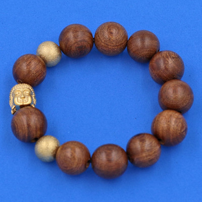 Chuỗi hạt đeo tay Gỗ Thủy Tùng Nâu 15 ly - Vòng tay Phật A Di Đà inox vàng VGTTNNLVHB14 - Vòng đeo tay size lớn