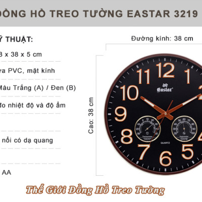 Đồng hồ Treo Tường Cao Cấp Có DẠ QUANG và NHIỆT ẨM KẾ TỰ ĐỘNG - Máy KIM TRÔI EASTAR - Viền Mỏng Số Nổi 3D - Tặng Pin Maxell - BH 1 Năm