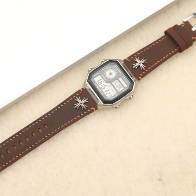 Dây da thay thế đồng hồ Casio AE1200 da bò sáp nâu Ngựa Rivet Handmade
