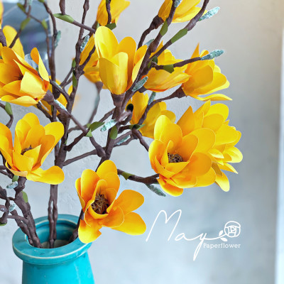 Hoa giấy handmade trang trí, Hoa Mộc Lan vàng, Maypaperflower - hoa giấy nghệ thuật, hoa cắm bình, decor nhà ở văn phòng