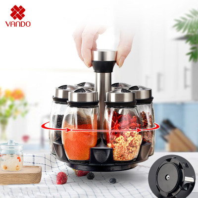 Bộ 6 lọ đựng gia vị thủy tinh chống vỡ xoay 360 độ,  Hũ đựng gia vị cao cấp loại 1 cho đồ dùng nhà bếp Vando