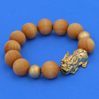 Vòng chuỗi đeo tay gỗ ngọc am 15 ly ( size lớn ) charm tỳ hưu và bi inox vàng, vòng tay chuỗi hạt