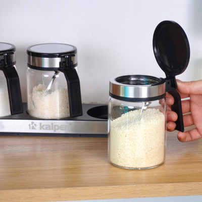 Bộ 3 hũ thủy tinh đựng gia vị 300ml Kalpen SB2 kèm khay và muỗng Inox