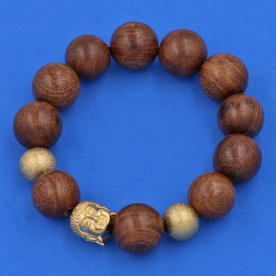 Chuỗi hạt đeo tay Gỗ Thủy Tùng Nâu 15 ly - Vòng tay Phật A Di Đà inox vàng VGTTNNLVHB14 - Vòng đeo tay size lớn