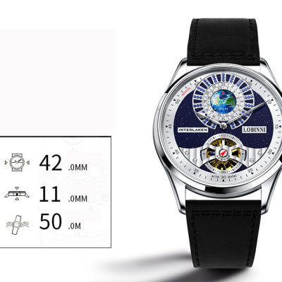 Đồng Hồ Nam LOBINNI No.16038-2 Chính Hãng Fullbox BH 24T Chịu Nước 50m Kính Chống Xước Dây Da Cao Cấp (Máy Cơ Tự Động)