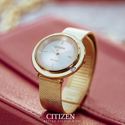 Đồng Hồ Nữ Citizen Đính Kim Cương Dây Thép Không Gỉ EM0643-84X - Mặt Vàng Hồng (Sapphire)