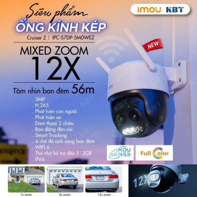 Camera Wifi IMOU Cruiser Z S7DP 5MP, Zoom 12X, Ống Kính Kép, Đàm Thoại - TRANGIATELECOM Hàng chính hãƞg Hàng nhập khẩu