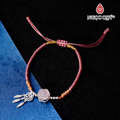 Vòng tay thắt dây hoa hồng đá thiên nhiên phối charm dream catcher trái tim - Ngọc Quý