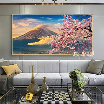 (ẢNH CHỤP) Tranh treo tường tráng gương núi phú sĩ và cành hoa uv mặt mica sáng bóng