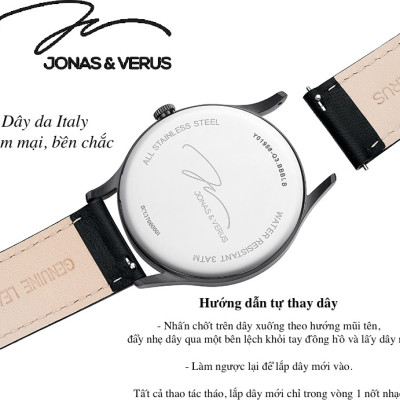 Đồng hồ đeo tay Nam hiệu JONAS & VERUS Y01646-Q3.BBXLB, Máy Pin (Quartz), Kính Sapphire, Dây da Italy