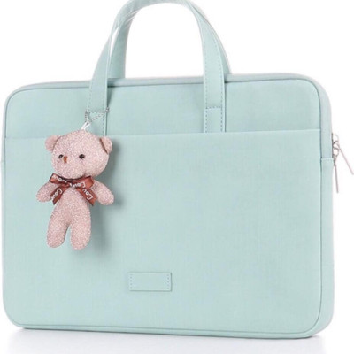 TÚI XÁCH DA CHỐNG SỐC, CẶP DA ĐỰNG LAPTOP, MACBOOK, MÁY TÍNH MÀU XANH NGỌC KÈM GẤU BÔNG CUTE