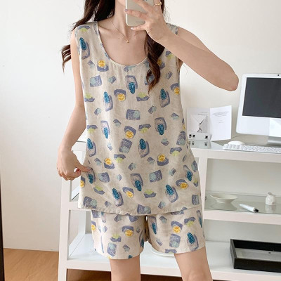 Bộ đồ mặc ở nhà dành cho nữ, bộ áo ba lỗ và quần đùi vải lanh mềm mát, họa tiết trẻ trung, size từ 45 - 75 kg (kiểu 1)
