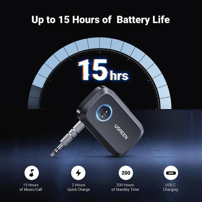 Ugreen UG90748CM596TK pin 15 tiếng xa 15M jack cắm Audio AUX 3.5mm Thiết bị nhận Bluetooth 5.3 hỗ trợ Kết nối cùng lúc 2 điện thoại - HÀNG CHÍNH HÃNG