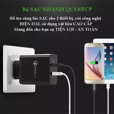 Ugreen UG30599CD132TK 30W màu Đen Củ sạc nhanh 2 cổng USB chuẩn QC 3.0 + 2.4A - HÀNG CHÍNH HÃNG