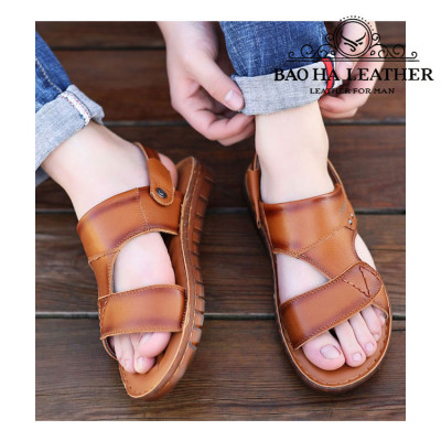 Dép nam quai hậu da bò thật BHD9808 Dép sandals nam quai ngang