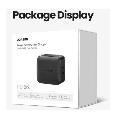 Ugreen UG70866CD216TK 66W 2c QC4.0 chuẩn cắm US Màu Đen Củ sạc nhanh 2 cổng USB type C - HÀNG CHÍNH HÃNG
