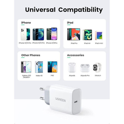 Ugreen UG50698CD137TK 1M PD 20W USB-C 3.0 Màu Trắng Bộ sạc + cáp sạc nhanh Lightning dành cho iPhone 13 12 Pro Max 11 Pro SE 2022 X XS XR 8 Plus - HÀNG CHÍNH HÃNG