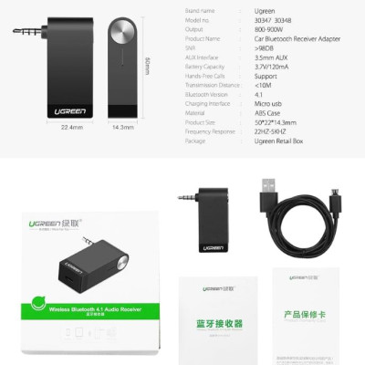 Ugreen UG30348MM114TK BT 4.1 màu Đen Thiết bị nhận âm thanh Bluetooth có Micro - HÀNG CHÍNH HÃNG