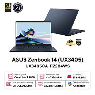 Asus Zenbook 14 UX3405CA-PZ204WS (Intel Core Ultra 9 285H | 32GB | 1TB | Intel Arc | 14 inch 3K OLED | Cảm ứng | Win 11 | Office | Xanh) - HÀNG CHÍNH HÃNG