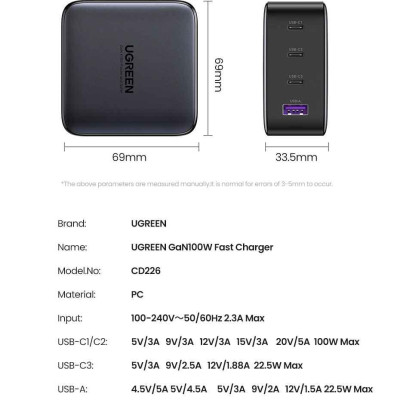 Ugreen UG90575CD226TK 100W Màu Đen Bộ sạc nhanh Nexode chip GaN gồm 3 cổng USB-C + USB-A kèm dây cáp USB-C dài 1.5M chuẩn cắm EU - HÀNG CHÍNH HÃNG