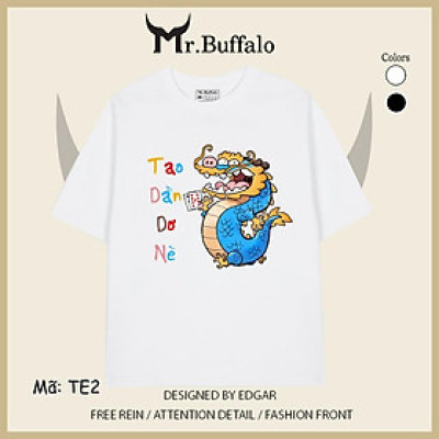 Áo Thun tay lỡ trắng đen xì rách tết 2024 rồng TE2 Mr.Buffalo