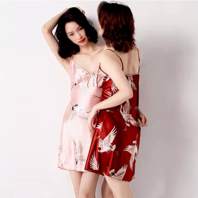 Váy ngủ lụa hai dây họa tiết hình chim hạt sang trọng sexy Q155 - Đầm ngủ lụa họa tiết chim hạt gợi cảm - Váy ngủ