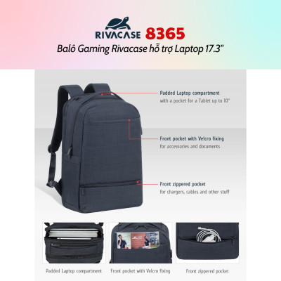 Balô Gaming Rivacase 8365 Để Vừa Laptop 17.3" - Bảo Hành 24 Tháng - Hàng Chính Hãng