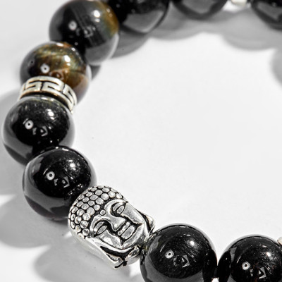 Vòng tay thạch anh mắt hổ xanh đen phối charm phật bạc (10mm) Ngọc Quý Gemstones