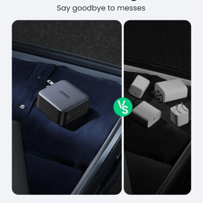 Ugreen UG40747CD226TK 100W EU PD3.0 GaN màu đen 3C + 1A sạc siêu nhanh 4 cổng 3 x usb type C và 1 x A chân cắm tròn - HÀNG CHÍNH HÃNG