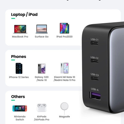 Ugreen UG40737CD226TK 100W US PD3.0 GaN màu đen 3C + 1A sạc siêu nhanh 4 cổng 3 x usb type C và 1 x A chân cắm dẹp - HÀNG CHÍNH HÃNG