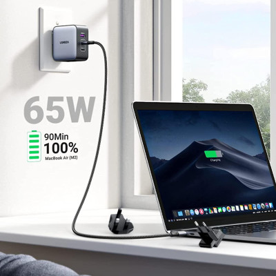 Ugreen UG90409CD296TK 65W Bộ sạc nhanh Nexode GaN 2 cổng USB Type-C + USB-A Màu Đen kèm 3 chuẩn cắm US EU UK - HÀNG CHÍNH HÃNG