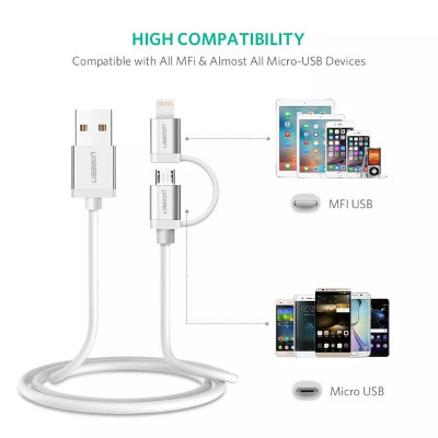Ugreen UG30670US165TK 1.5M màu Bạc Cáp sạc đa năng USB sang MicroUSB + Lightning - HÀNG CHÍNH HÃNG