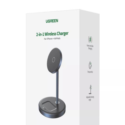 Ugreen UG90668CD317TK 20W MagSafe cho Iphone + air pod Bộ sạc hit từ tính không dây 2 trong 1 Màu Đen - HÀNG CHÍNH HÃNG