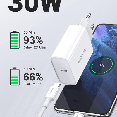 Ugreen UG90472CD127TK 30W 2M Màu Trắng Bộ sạc nhanh Pd và cáp Type-C chuẩn cắm EU - HÀNG CHÍNH HÃNG