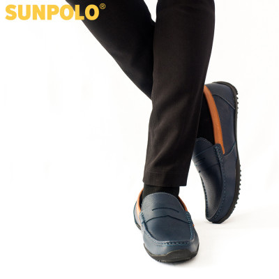 Giày lười nam da bò đế cao su nhẹ may khâu bền bỉ SUNPOLO MU2588 - Xanh Navy