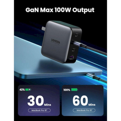 Ugreen UG40747CD226TK 100W EU PD3.0 GaN màu đen 3C + 1A sạc siêu nhanh 4 cổng 3 x usb type C và 1 x A chân cắm tròn - HÀNG CHÍNH HÃNG