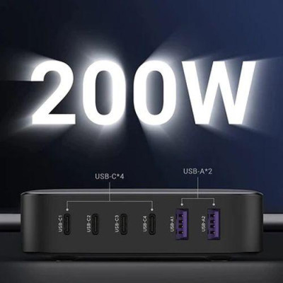 Ugreen UG40914CD271TK 200W cáp nguồn dài 2M chuẩn cắm EU Màu Xám Bộ sạc nhanh có 4 cổng USB-C và 2 cổng USB-A - HÀNG CHÍNH HÃNG