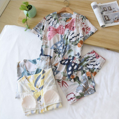 Bộ Đồ Pijama Nữ Mặc Nhà Ngắn Tay Azuno BN0609 Chất Liệu Cotton Lụa Có Lót Ngực Tiện Lợi Cho Mùa Hè