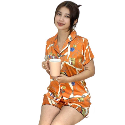 Đồ bộ Pyjama lụa, đồ mặc nhà nữ VILADY  - B134 kiểu quần đùi tay cộc, họa tiết siêu dễ thương, chất liệu lụa Pháp ( lụa latin) - Màu cam