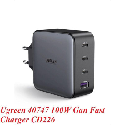Ugreen UG40747CD226TK 100W EU PD3.0 GaN màu đen 3C + 1A sạc siêu nhanh 4 cổng 3 x usb type C và 1 x A chân cắm tròn - HÀNG CHÍNH HÃNG