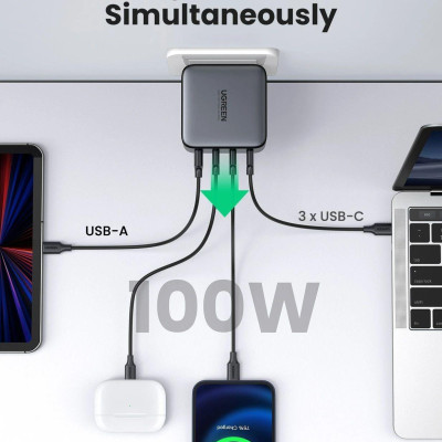Ugreen UG40747CD226TK 100W EU PD3.0 GaN màu đen 3C + 1A sạc siêu nhanh 4 cổng 3 x usb type C và 1 x A chân cắm tròn - HÀNG CHÍNH HÃNG