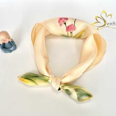 Khăn Cột Túi Xách Lụa Tơ Tằm Vẽ Tay Cao Cấp SenSilk Cẩm Chướng, Khăn Cột Tóc Lụa Cho Nữ, Khăn Quấn Cổ Tay Nữ