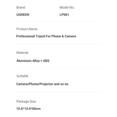 Ugreen UG15187LP661TK tripod 3 chân cao 55cm-170cm xoay 360 độ bằng nhôm Gậy tự chụp ảnh chuyên nghiệp chống trượt cho điện thoại hoặc máy ảnh đế màu đen max 5kg - HÀNG CHÍNH HÃNG