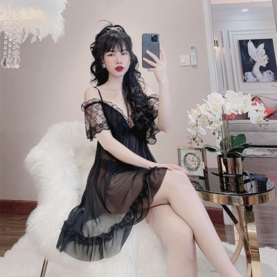 Váy ngủ trễ vai xuyên thấu kèm quần lót lọt khe sexy Q53 - Đầm ngủ trễ vai xuyên thấu gợi cảm - váy ngủ