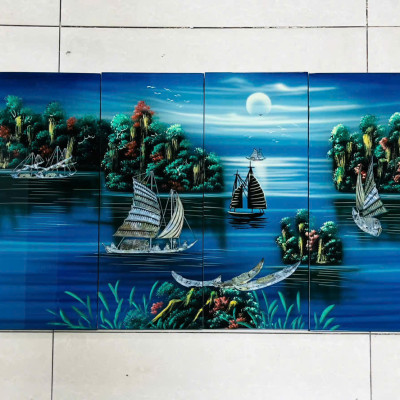 Bộ Tranh sơn mài 4 tấm- THUẬN BUỒM XUÔI GIÓ - Khảm cừ cao cấp size 50x80 cm  - Ý Nghĩa Phong Thủy